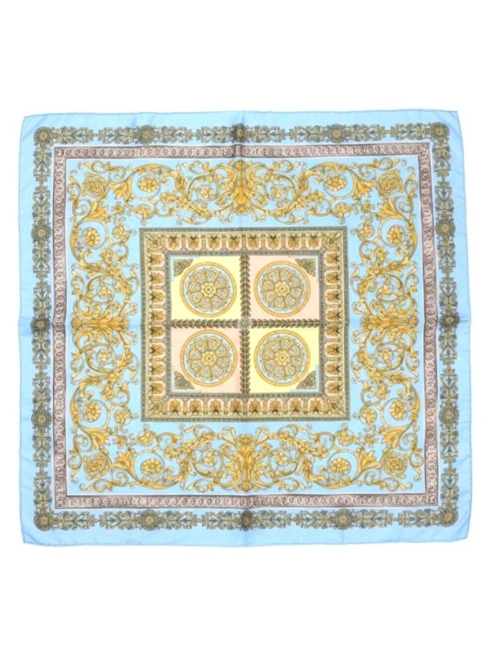 Blue Gold Baroque Satin Scarf 35" Square Head Neck Hair Wrap Luxury Print